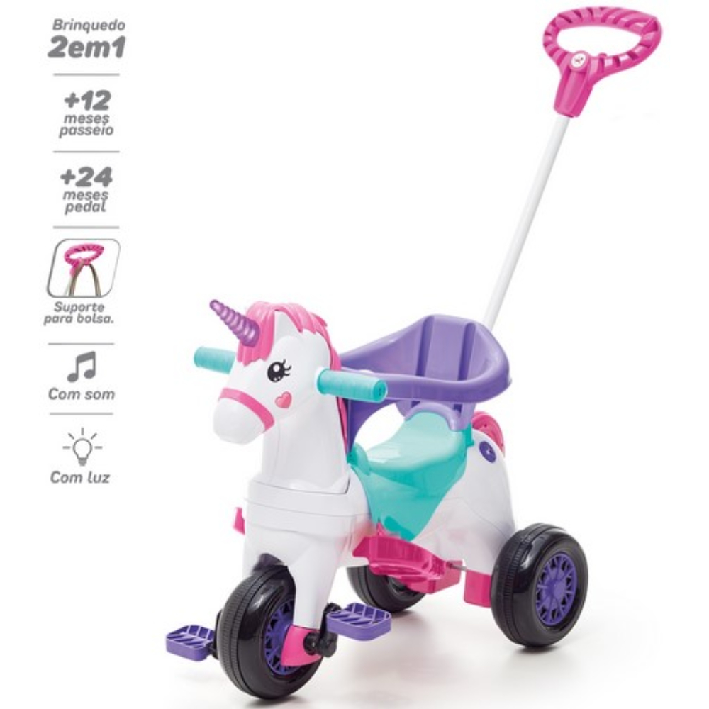 Triciclo de Passeio e Pedal para Bebe Calesita Moto Uno Rosa